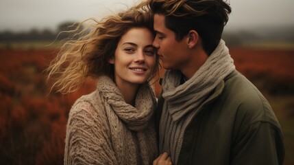 Fototapeta premium a warm portrait of a couple in love in gray fall