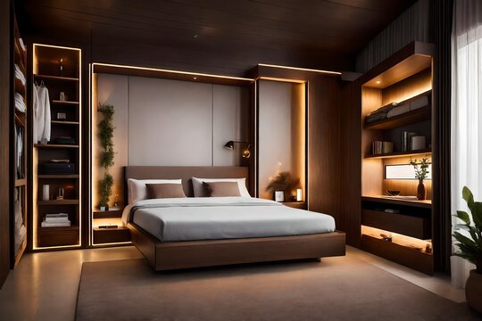 Create an image of a bedroom design for the 4th floor of a house. The bedroom has two rooms separated by a hallway, 