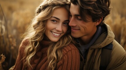 a couple in love in sweaters snuggling up together.