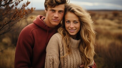 Fototapeta premium a couple in love in sweaters snuggling up together.