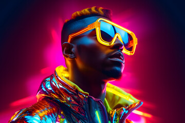 Portrait of  Fashion African man with neon costume and glasses in style of retro futurism, colorful bright cool  look