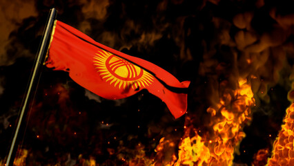 flag of Kyrgyzstan on burning fire bg - hard times concept - abstract 3D illustration
