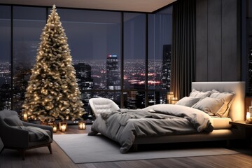 Christmas luxury bedroom with Xmas tree in stylish modern interior in skyscraper with beautiful view at night city. Romantic for winter holiday weekend. Interior loft design