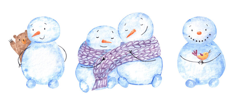 Big set of watercolor cute cartoon snowman and snow girl tied one scarf hugging lovers, with little friends bird and bear.Christmas new year card illustration