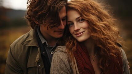 Fototapeta premium a couple in love in sweaters snuggling up together.