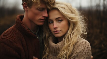 a couple in love in sweaters snuggling up together.