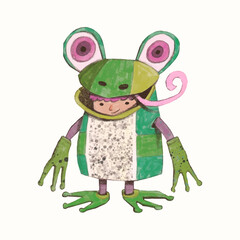 kid playing as frog. Animal and child watercolor vector illustration.