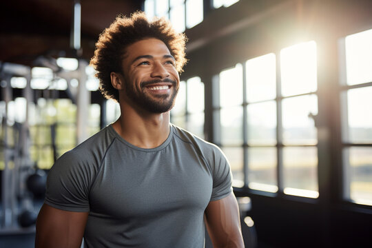 African American male personal trainer pink t shirt smiling at camera in gym. Happy man fitness coach standing in modern sport club interior. Active sport life getting fit healthy lifestyle concept