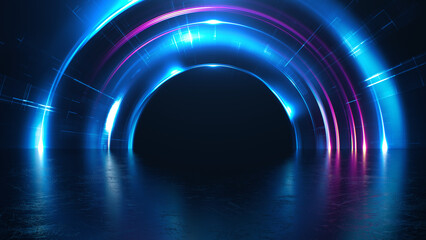 Abstract background with blue futuristic portal concept. Bright neon lights and flares graphics for high technology design. Colorful energy circles texture.