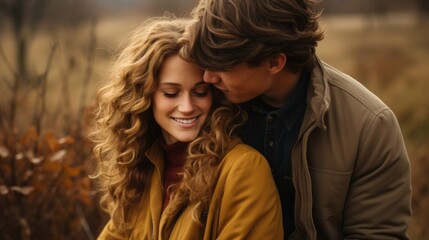 Fototapeta premium a couple in love standing in sweaters in an autumn field