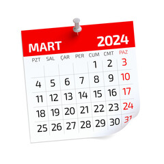 March Calendar 2024 in Turkish Language. Isolated on White Background. 3D Illustration