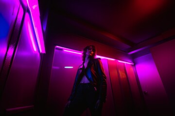 Brutal woman in a leather coat in neon light, full length portrait