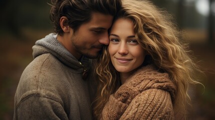 a couple in love standing in sweaters in an autumn field