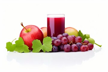 Apple and grapes form the shape of a juice package, white background
