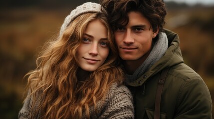 Fototapeta premium a couple in love standing in sweaters in an autumn field
