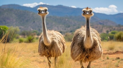 Two ostrich on savannah - obrazy, fototapety, plakaty