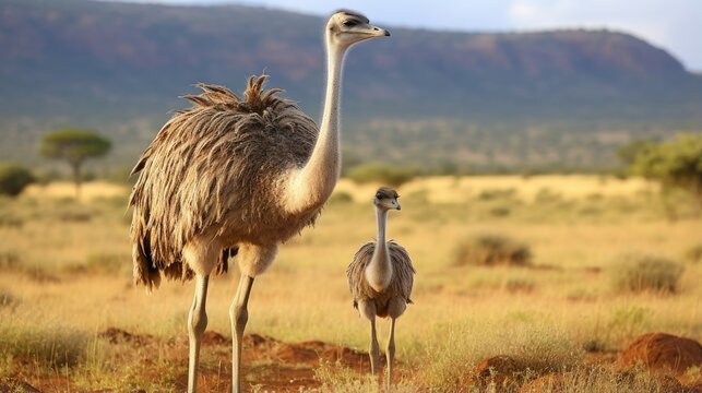 Mother ostrich and ostrich chicks