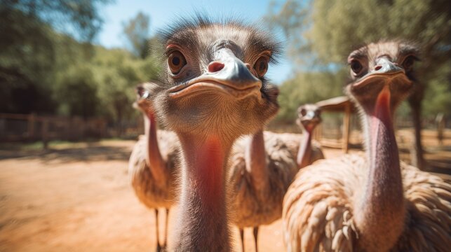 Ostrich bird head and neck front portrait in the park