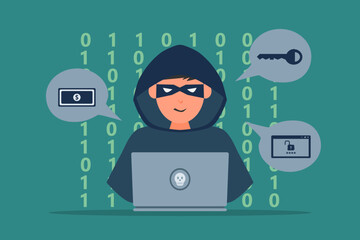 Hacker or Cyber criminal with laptop stealing user personal data. Internet phishing concept vector illustration.