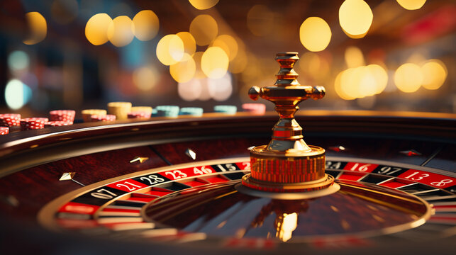 Roulette table with chips in a busy casino at night, vibrant blurred bokeh lights and gambling machines in the background