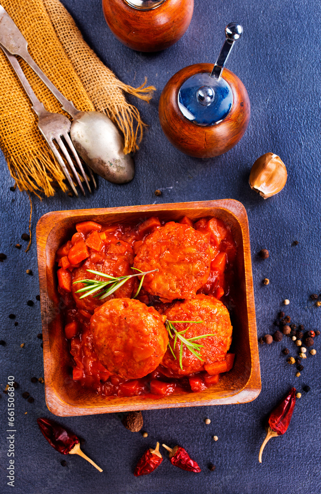 Sticker hot meatballs with tomato sauce and basil close-up. top view