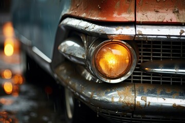 Aggressive old car closeup race. Automotive lamp. Generate Ai