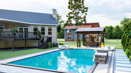 3D modeling and rendering of swimming pool design.