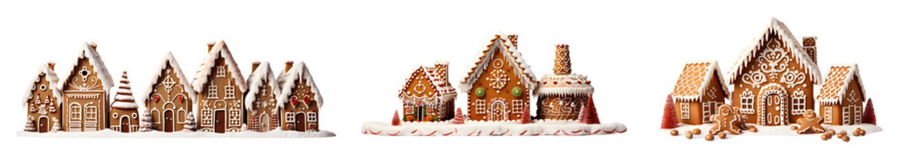 Christmas collection gingerbread cookies covered with snow Winter cookie of home shape with sweet icing. Xmas ginger bread decorated with sugar frosting. Holiday bakery art.