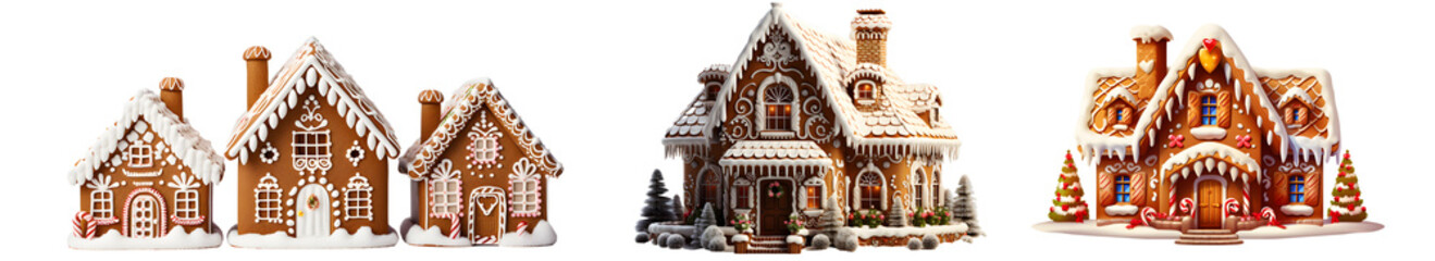 Fototapeta premium Christmas collection gingerbread cookies covered with snow Winter cookie of home shape with sweet icing. Xmas ginger bread decorated with sugar frosting. Holiday bakery art.