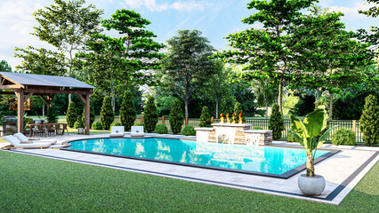 3D modeling and rendering of swimming pool design.