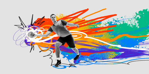 Competitive and motivated young man, handball player in motion, throwing ball over colorful...
