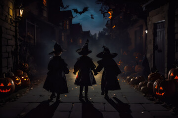 Halloween concept with the silhouettes of teens dressed in black with tall hats as witches walking on a dark alley with lit head-shaped Jack-o'-lantern pumpkins . - obrazy, fototapety, plakaty