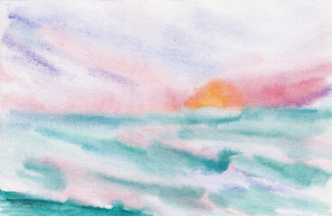 Obraz premium Abstract dreamy modern watercolor art. Pink and teal gradient sky and mountains landscape. Impressionist illustration print for nursery, girls room, bedroom