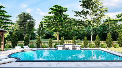 3D modeling and rendering of swimming pool design.