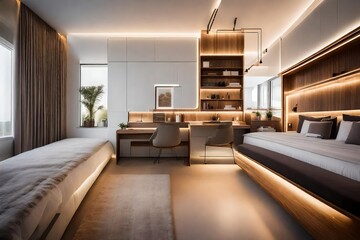 Create an image of a bedroom design for the 4th floor of a house. The bedroom has two rooms separated by a hallway, 