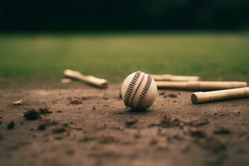 Cricket wickets and ball in a sports arena. Generative AI - obrazy, fototapety, plakaty