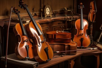 Musical instruments including violin, cello, double bass. Generative AI