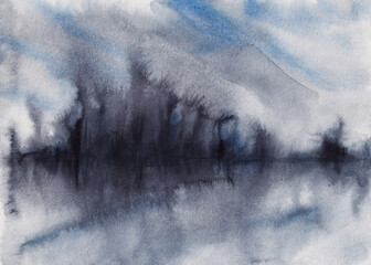 Abstract loose modern watercolor landscape art. Blue and white grey sky, indigo landscape. Dark gothic Impressionist illustration of winter