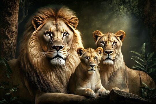 Family of lions in the forest. Mom, dad, cub lions. AI generated