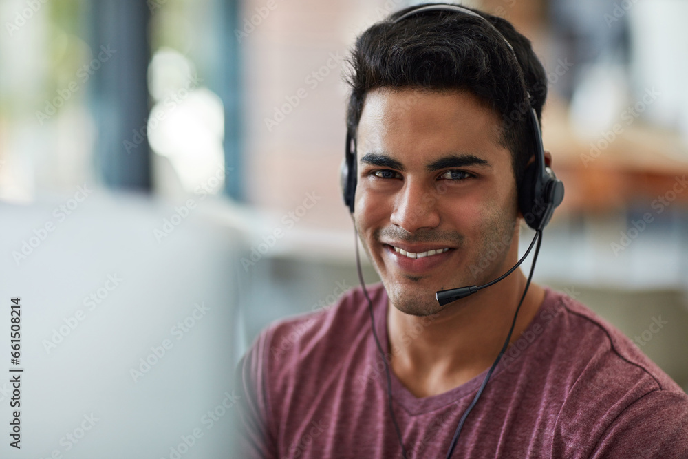 Poster Man, consultant portrait and call center for communication, business contact and e commerce or customer support. Happy, face and professional agent or advisor on computer for virtual advice and help