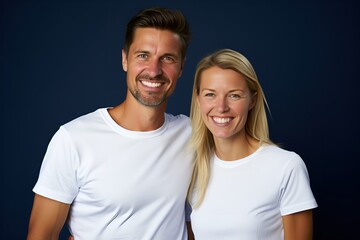 Fototapeta premium Young fictional white couple smiling. Isolated on a plain blue background. Generative AI.