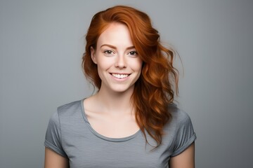 Portrait of a fictional beautiful lady smiling. Isolated on a plain neutral background. Generative AI.