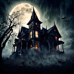 An eerie Halloween night: A haunted house stands under a full moon, shrouded in eerie fog, setting the stage for a spine-tingling celebration