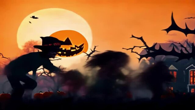 Fast-moving monsters, creatures against the backdrop of a dark mansion and a pumpkin, a Halloween illustrated, animated spooky short film.