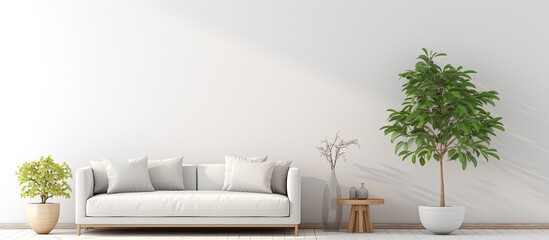 Living room with white vase round table sofa and pillows With copyspace for text