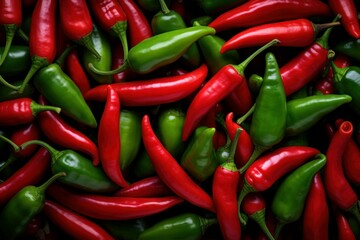 Fresh Chili peppers top view background. Spice mexico. Generate Ai - obrazy, fototapety, plakaty