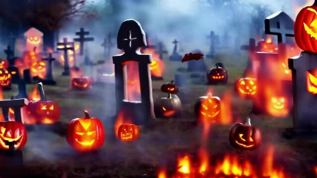 Tombstones, graveyards, flames of fire and glowing pumpkins, a Halloween illustrated, animated spooky short film.