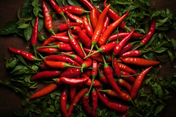 Varied Chili peppers top view background. Spice mexico. Generate Ai