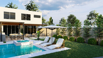3D modeling and rendering of swimming pool design.