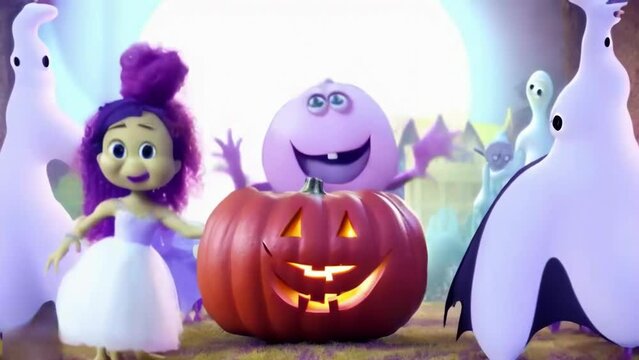 Dancing happy jumping creatures around a glowing pumpkin, a Halloween illustrated animated spooky short movie.